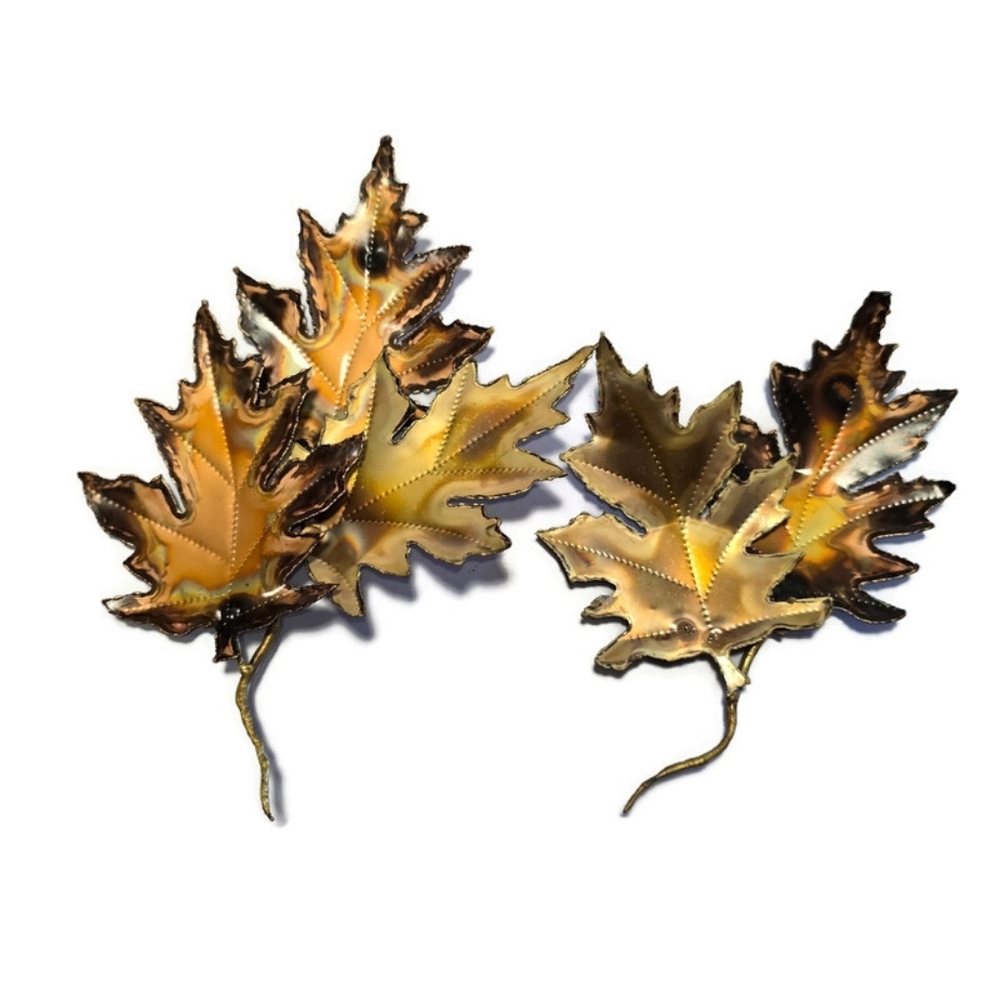 Signed STAS Torch Cut Metal Maple Leaves Wall Sculpture Set Brass Copper Art MCM